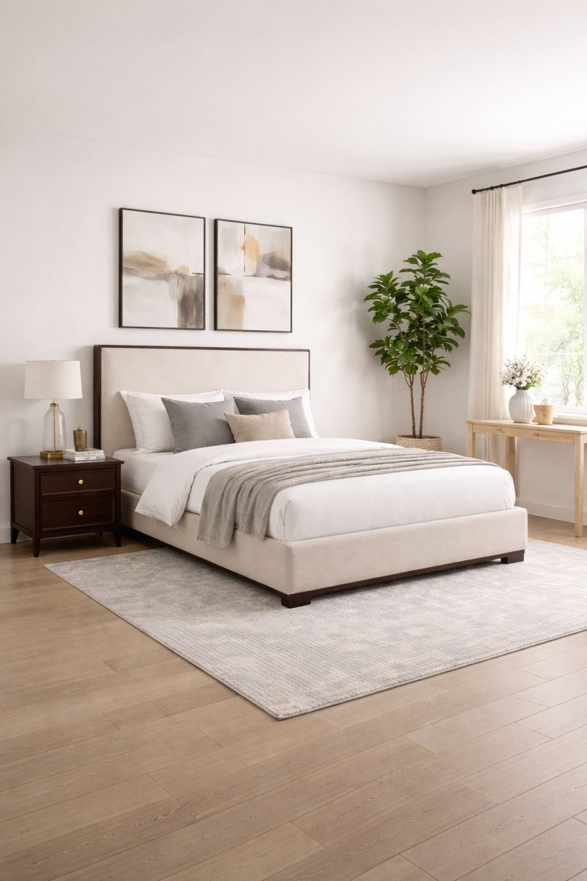 Upholstered Solid Wood Bed Frame – Beige