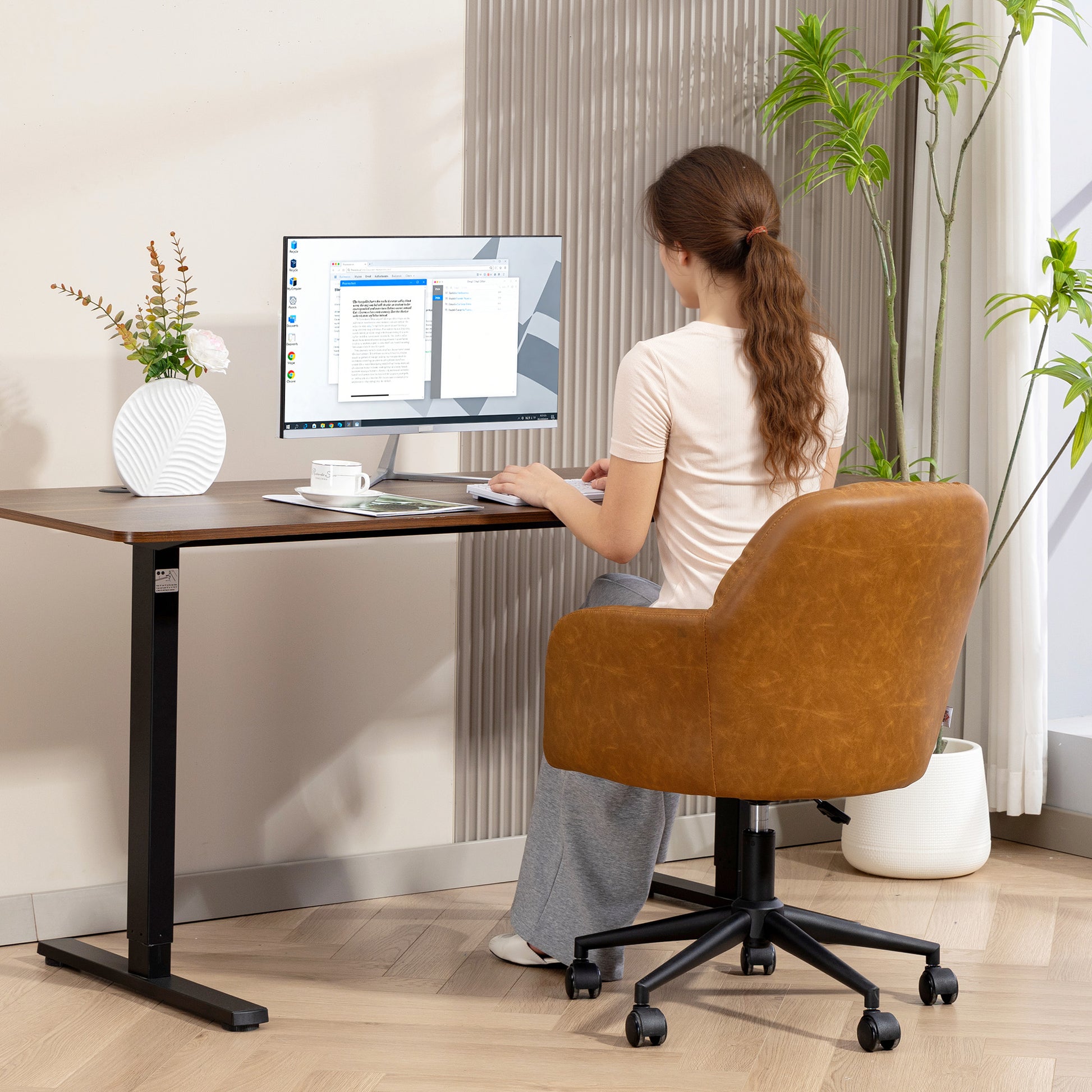 HOMCOM Swivel Faux Leather Office Desk Chair, Adjustable Height, Ergonomic Lumbar Support, Brown