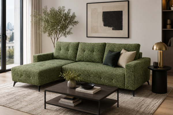 LHF Sectional Sleeper Green Convertible Pull‑Out
