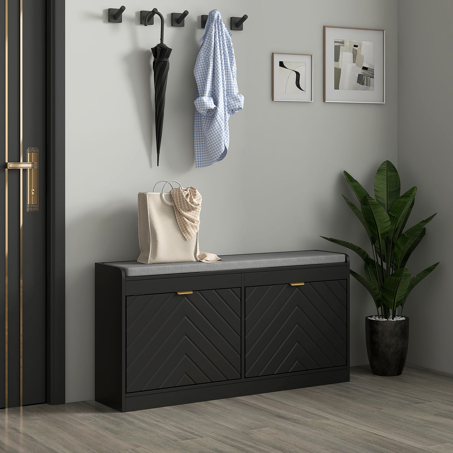 Modern Upholstered Hallway Shoe Storage Bench with Flip Drawers & Vents