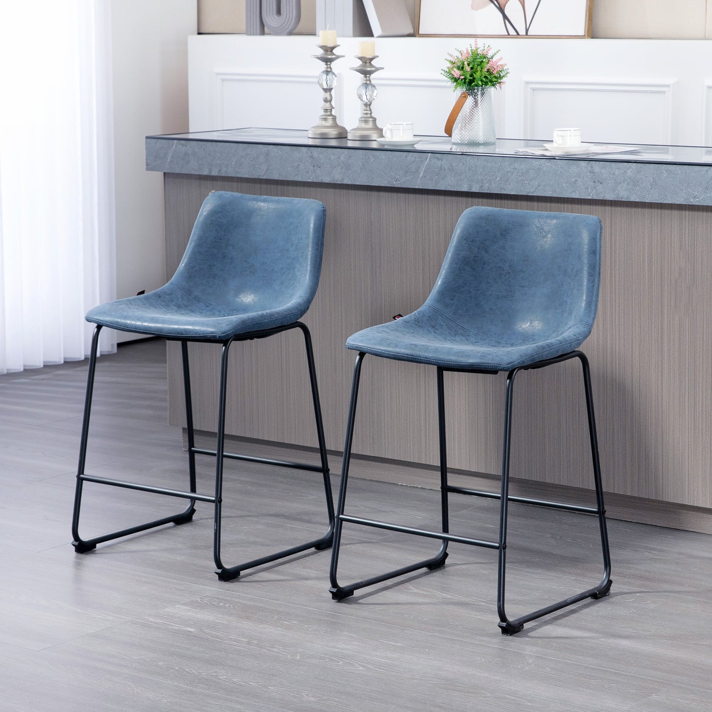 HOMCOM Vintage Blue PU Leather Counter Height Bar Stools with Footrests