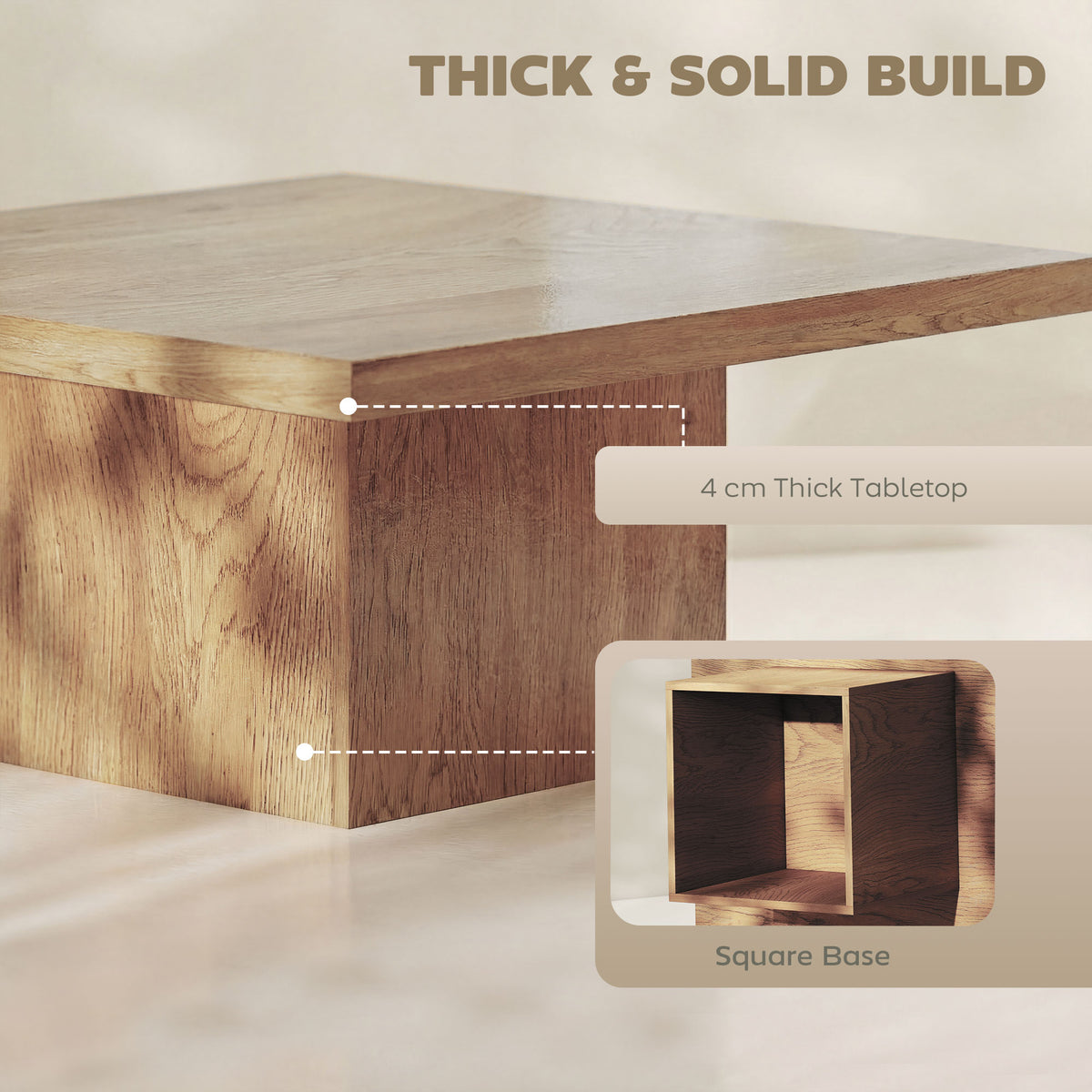 31.5" Square Coffee Table with 1.6" Thick Top, Natural Wood