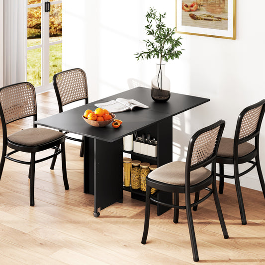 Collapsible Drop Leaf Dining Table with 2-Tier Shelves and Rolling Casters, 55"