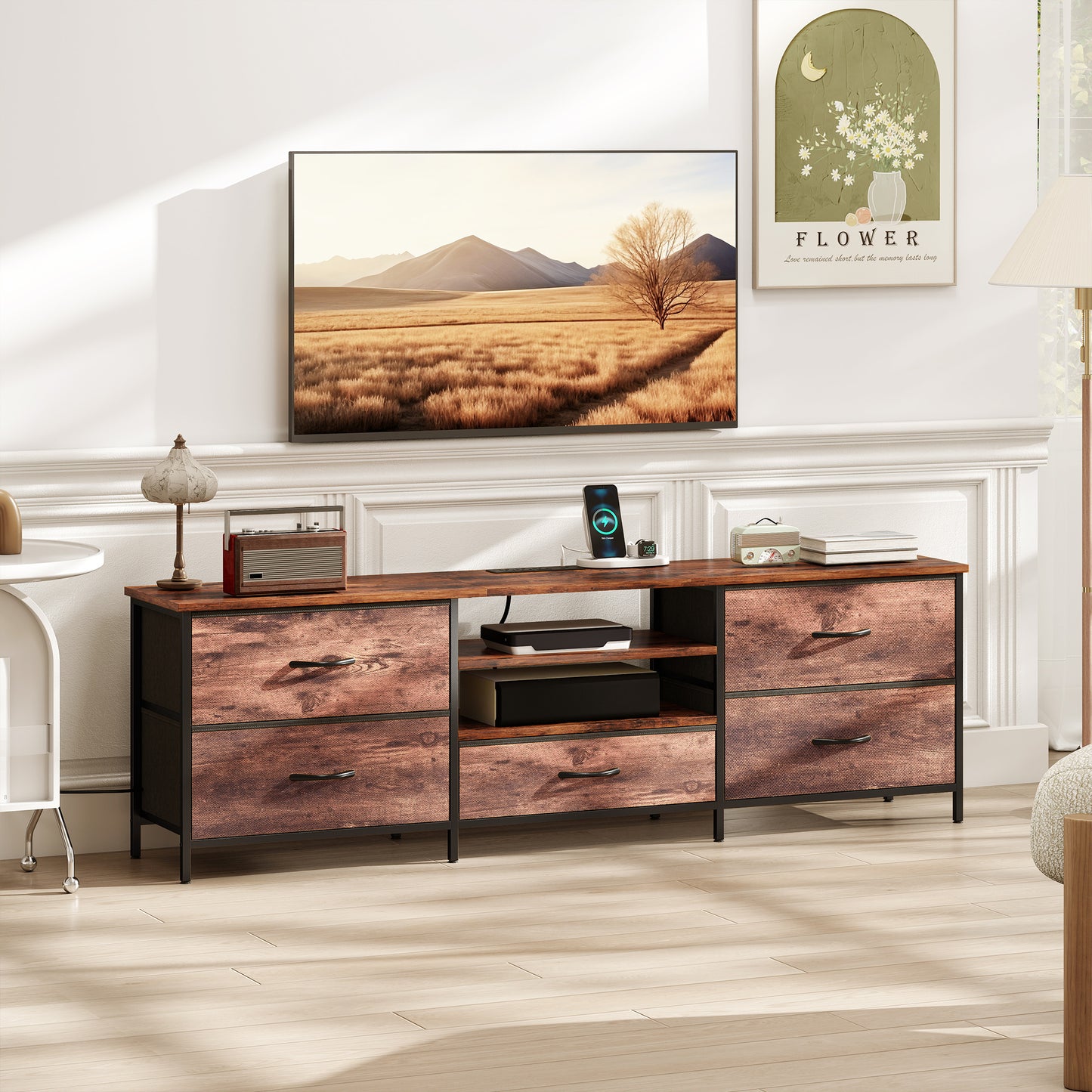 HOMCOM TV Stand for TVs up to 70 Inch, Industrial TV Console with Charging Station, 5 Drawers and Open Shelves, Rustic Brown