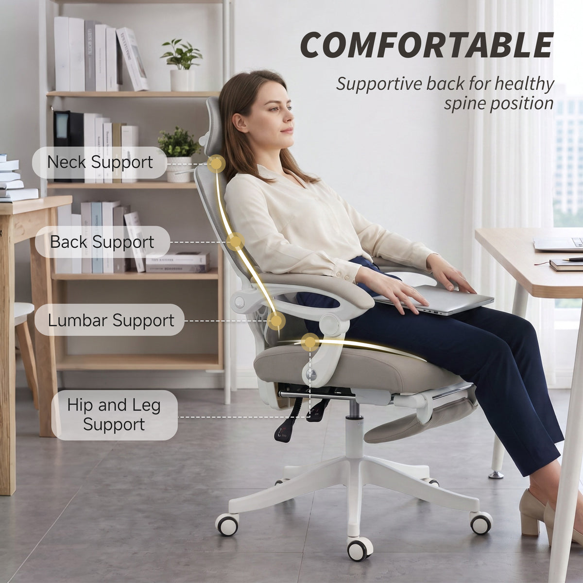 Mesh Desk Chair with Adjustable Headrest, Light Grey