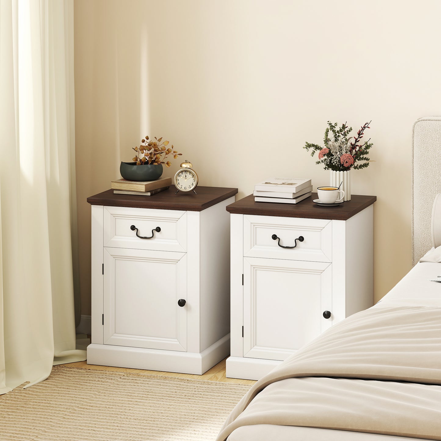 Set of 2 HOMCOM Farmhouse White Nightstands with Drawer and Cabinet
