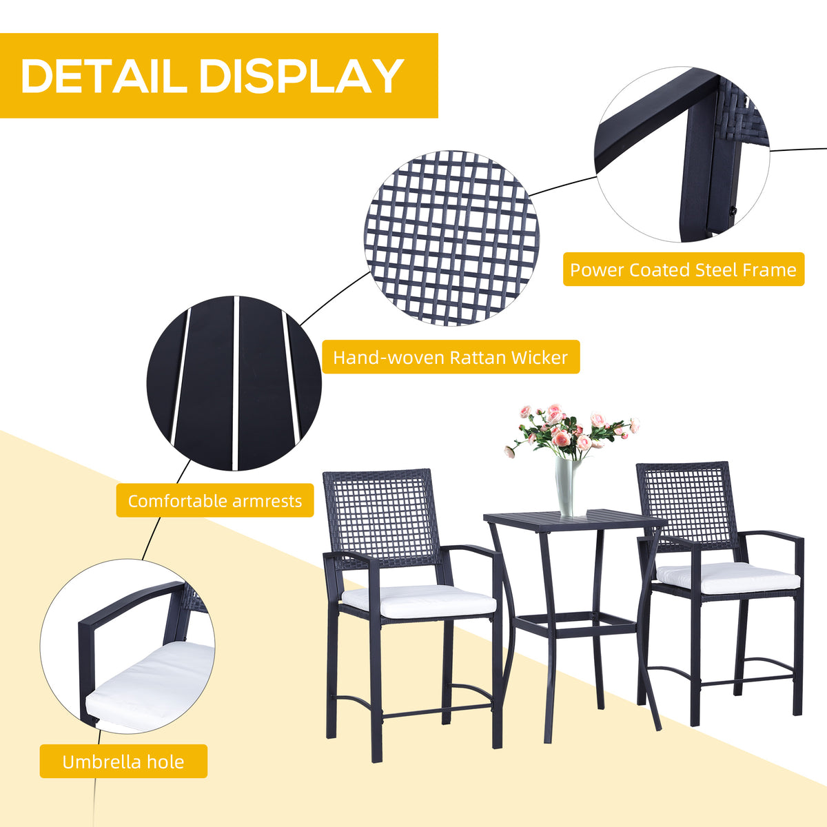 3 Pieces Outdoor Wicker Bar Set, Classic Bistro Bar Set Garden Rattan Style Patio Bar Table & High Chairs w/ Cushions Home Bar Furniture