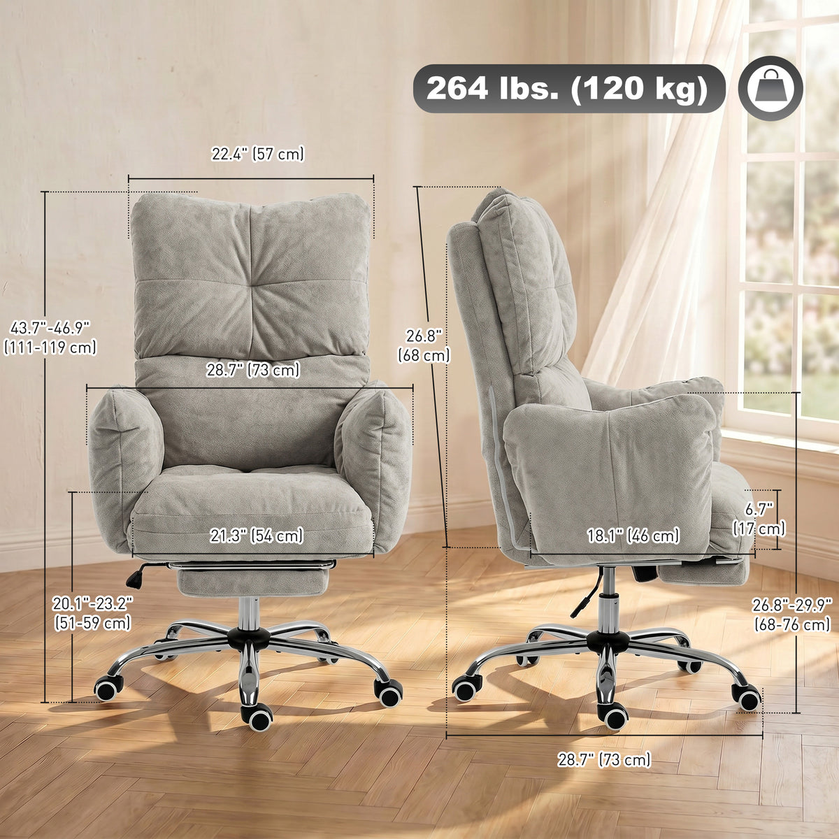 Office Chair with Footrest, Ergonomic Reclining Computer Gaming Chair with Snow Flannel Fabric, Light Grey