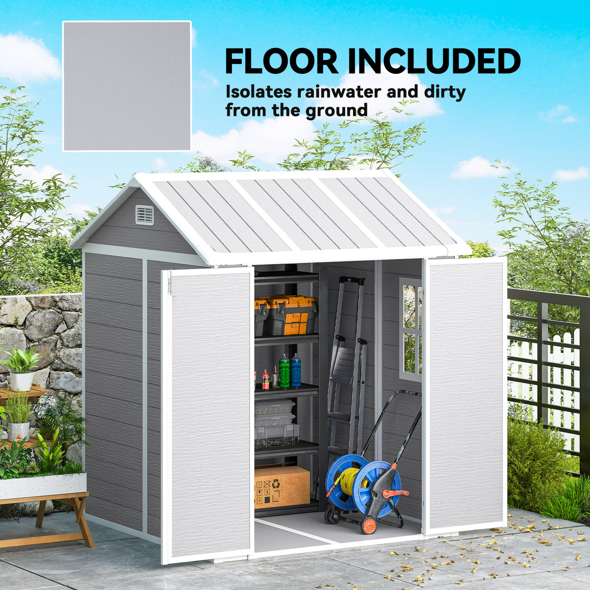 6' x 6' Resin Outdoor Storage Shed with Floor, Window, Lockable Doors and Vents for Backyard Patio Lawn