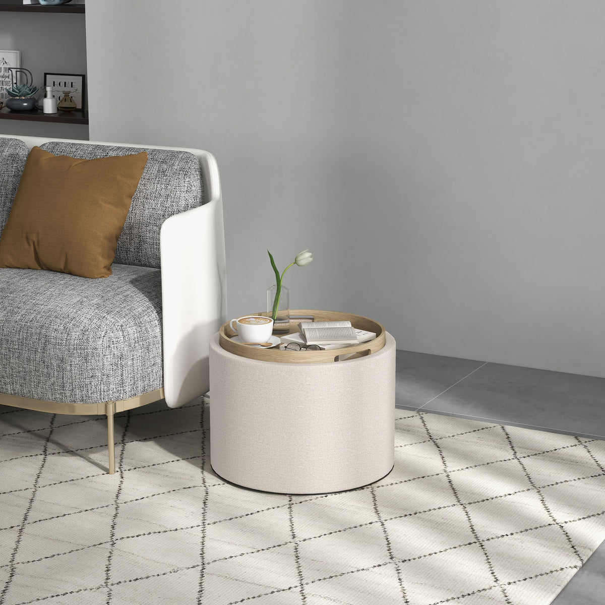Round Storage Ottoman Coffee Table with Tray Top, Linen Upholstered