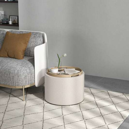 Round Storage Ottoman Coffee Table with Tray Top, Linen Upholstered