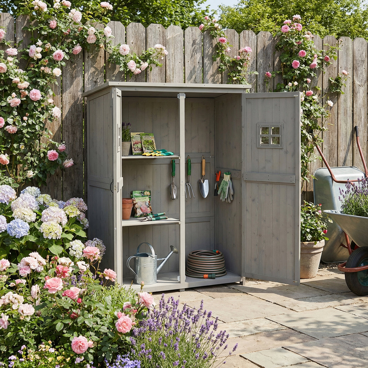 4' x 1.5' Wooden Garden Storage Shed, Outdoor Tool Cabinet Organizer with Windows and Double Door – Grey