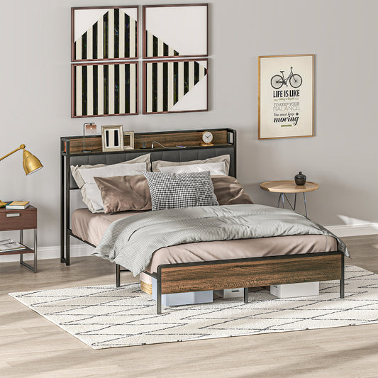 Upholstered Bed Frame with Charging Station and Storage Headboard