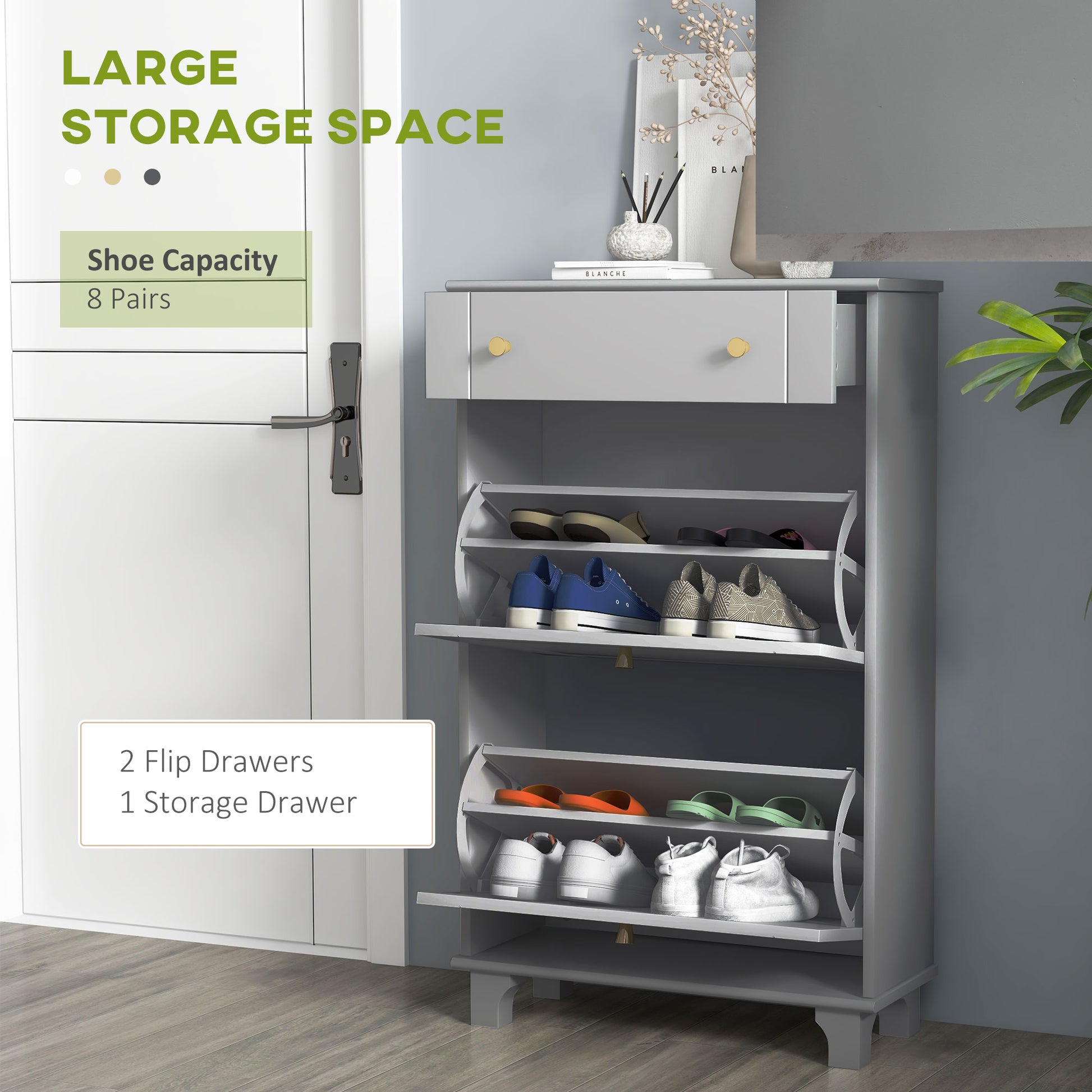 HOMCOM Slim Grey Shoe Storage Cabinet with 2 Flip Drawers, Adjustable Shelves, 8 Pair Capacity
