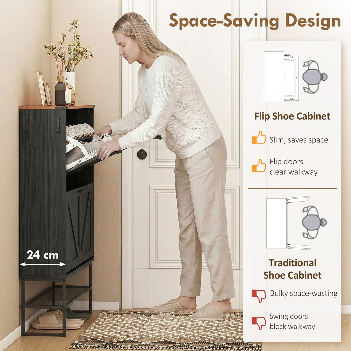Narrow Shoe Storage Cabinet with 2 Flip Drawers – 31"W x 46"H