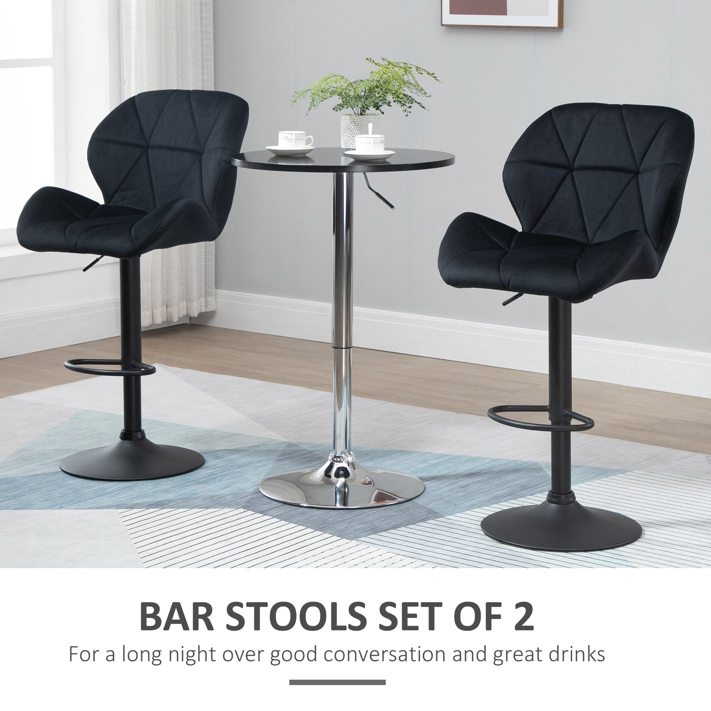 HOMCOM Black Fabric Adjustable Swivel Bar Stools Set of 2 with Armless Upholstery