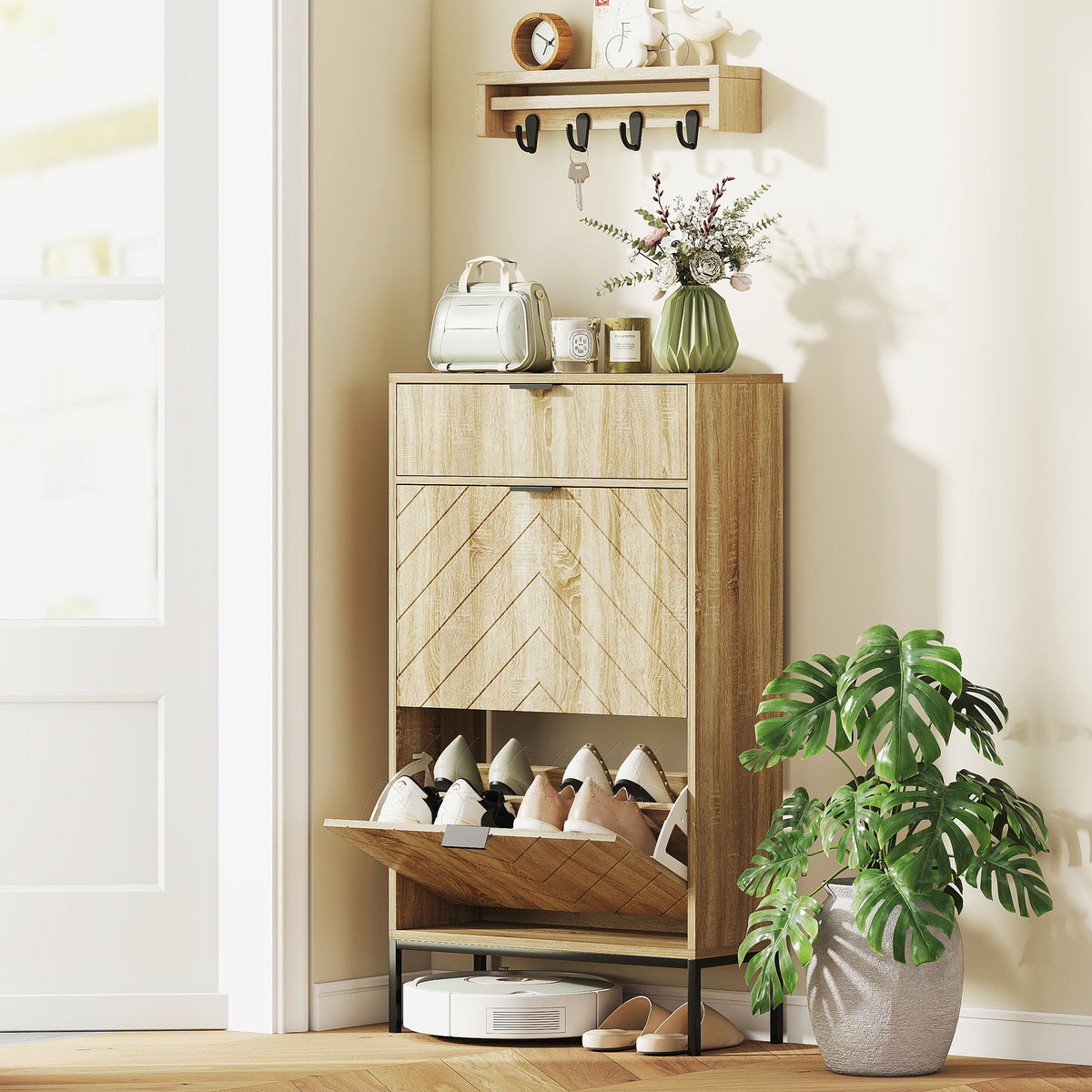 Narrow Shoe Storage Cabinet with Flip Drawers – 24"W x 42"H