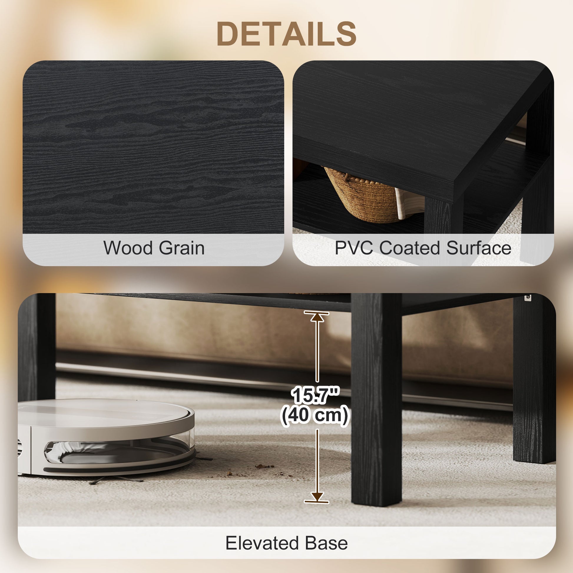 HOMCOM Modern Black 2-Tier Rectangular Coffee Table with Storage Shelf