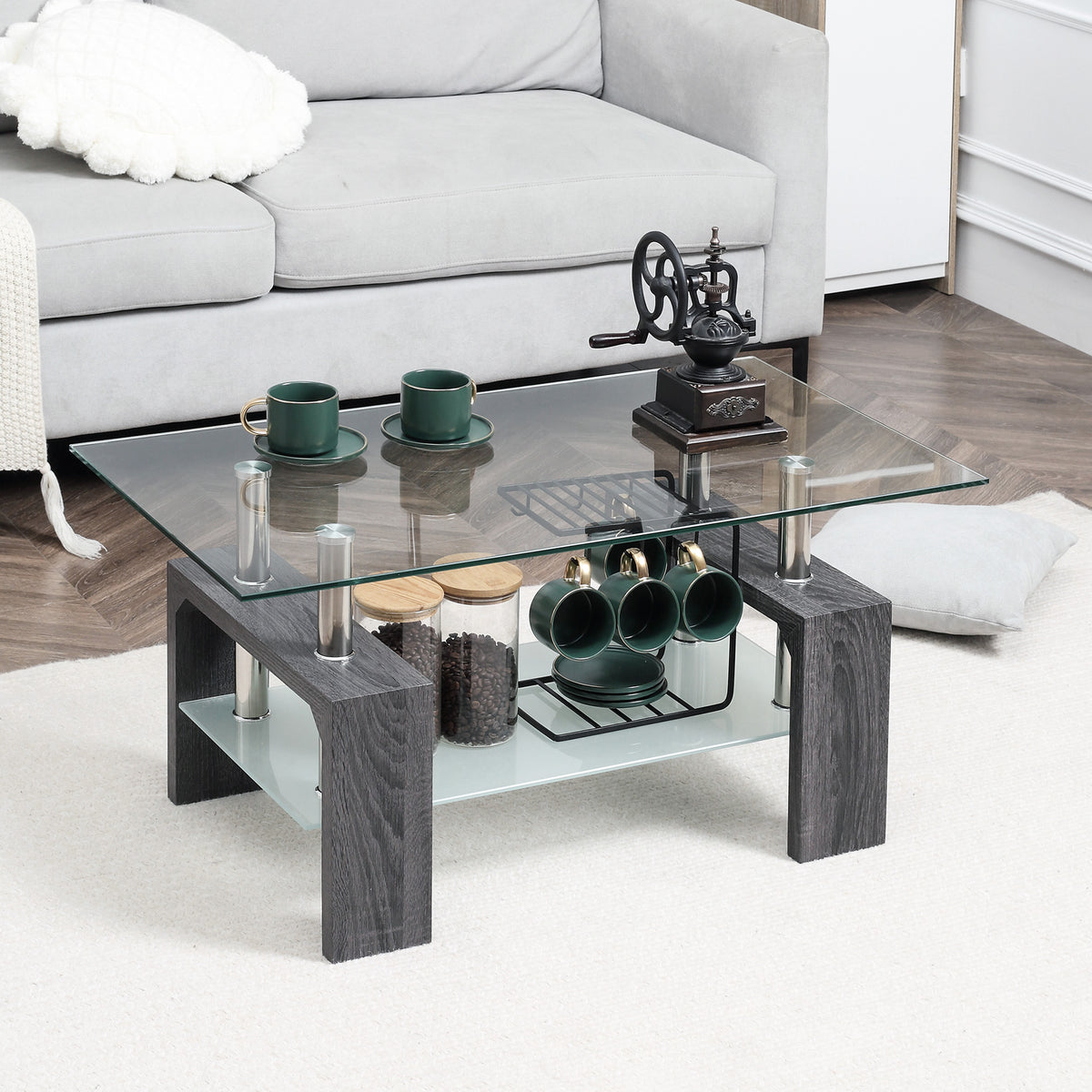 Rectangle Glass-Top Coffee Table with Storage Shelf, Grey
