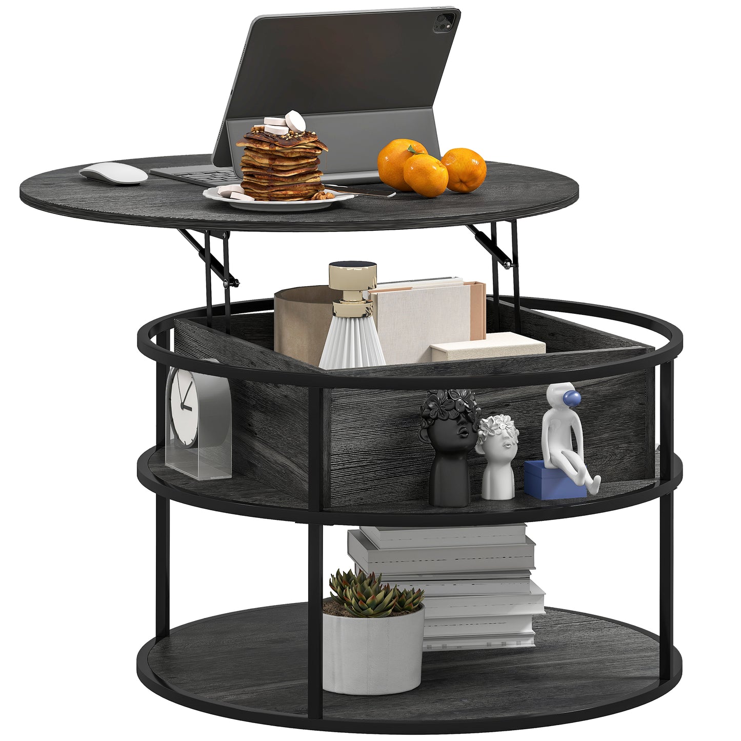 HOMCOM Round Lift Top Coffee Table with Hidden Storage & Steel Frame