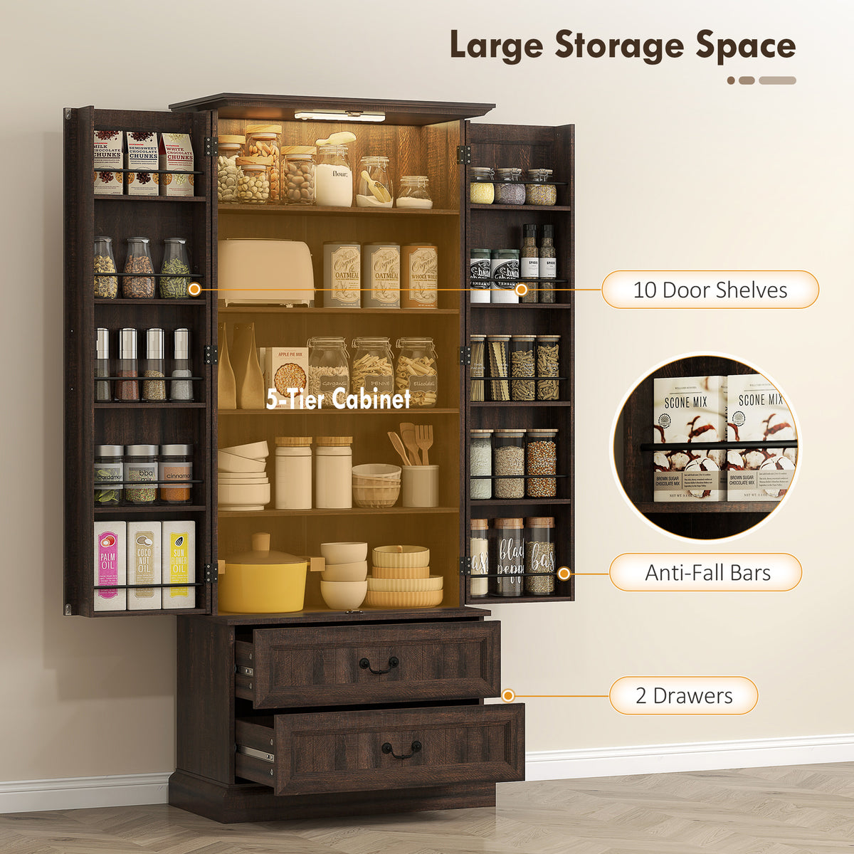 LED Kitchen Pantry Cabinet with 10 Door Shelves and 2 Drawers – 30"W x 72"H