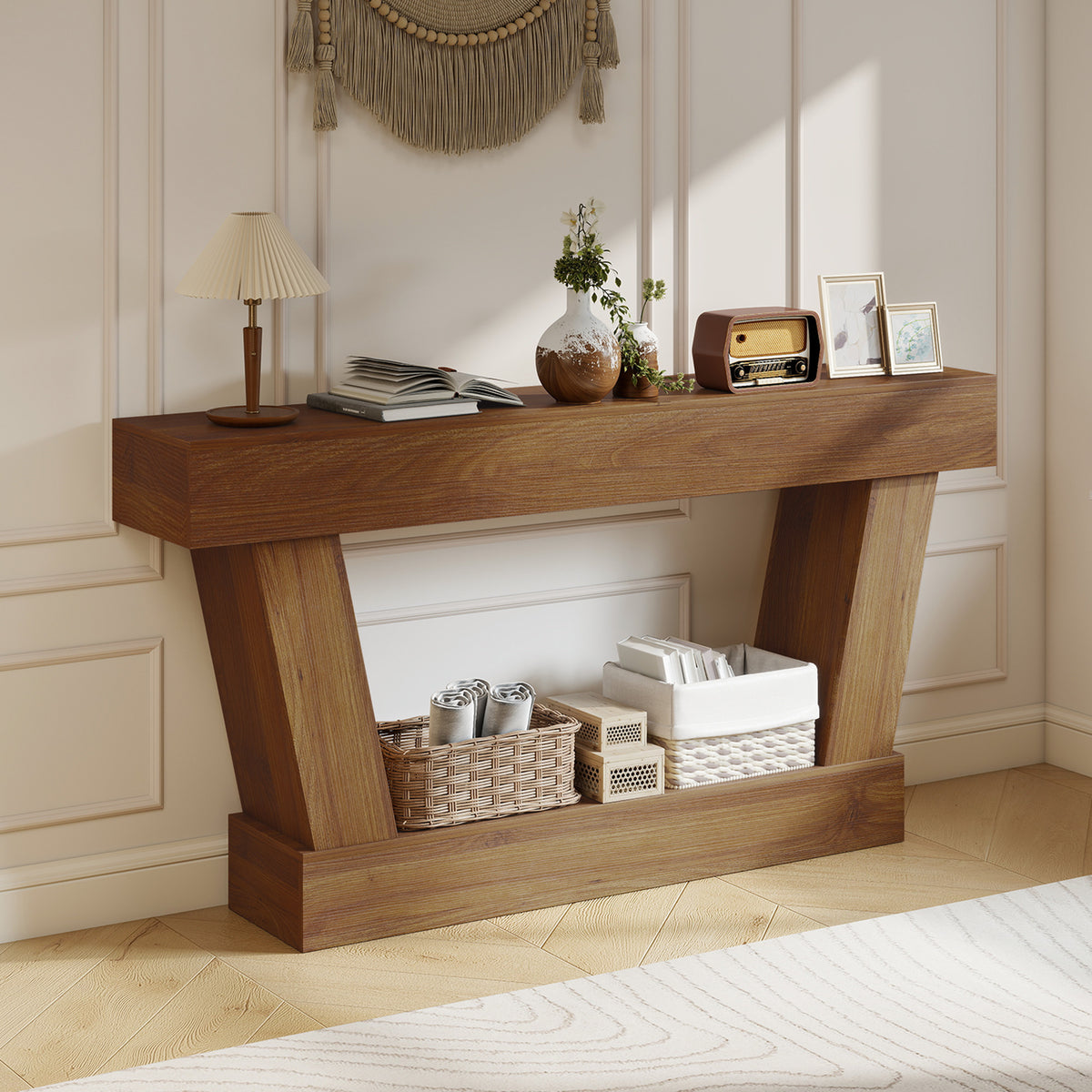 63" Vintage Console Table with Open Shelf, Dark Brown