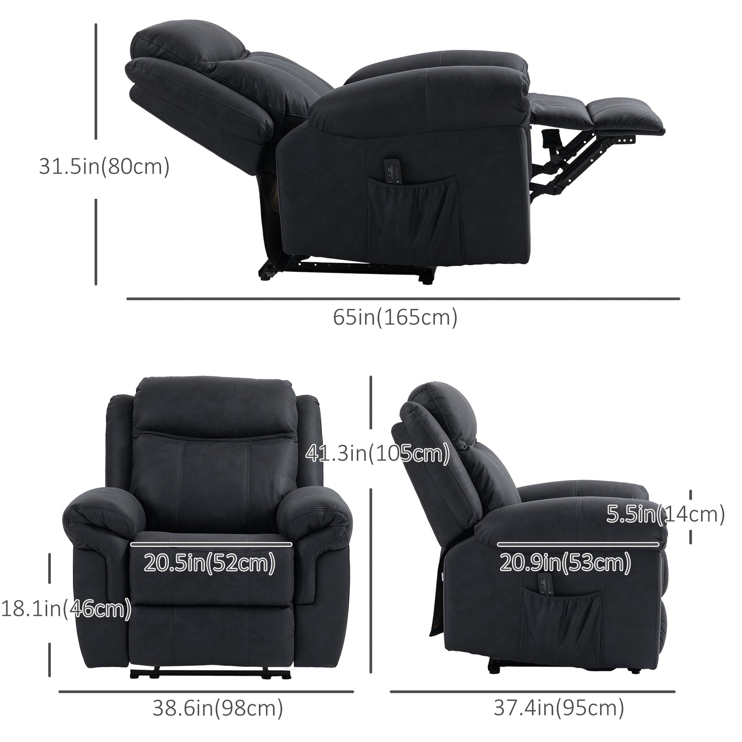 HOMCOM Black Microfiber Manual Recliner Chair with Vibration Massage, Side Pockets