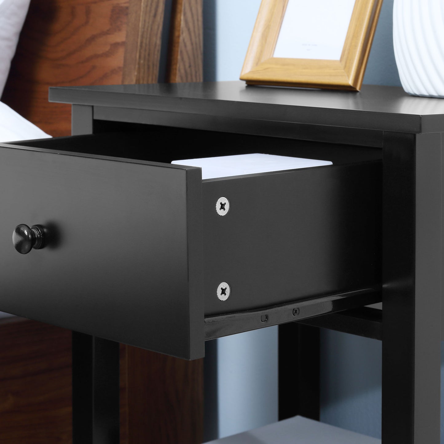 HOMCOM Modern Black Nightstand End Table with Drawer and Shelf for Bedroom Living Room