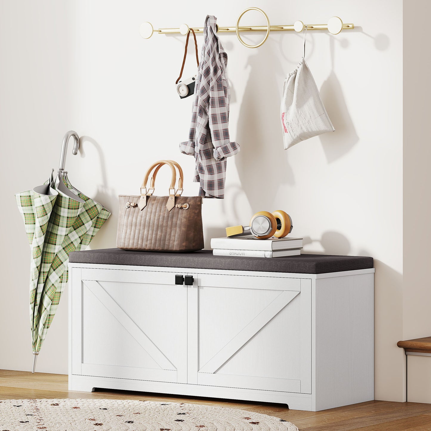 HOMCOM Entryway Shoe Storage Bench, Padded Seat, 8 Pair Organizer, White Wood Grain