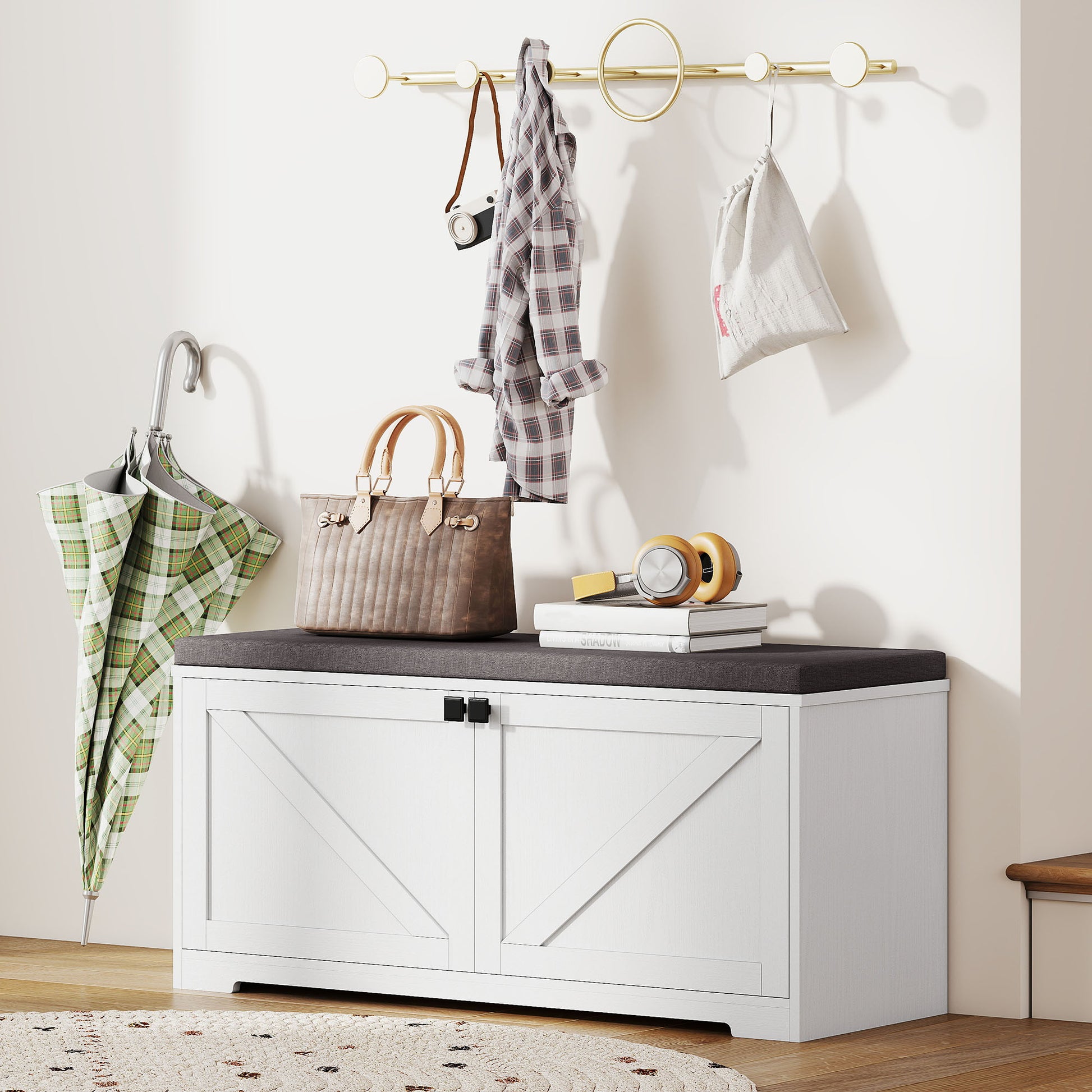 HOMCOM Entryway Shoe Storage Bench, Padded Seat, 8 Pair Organizer, White Wood Grain