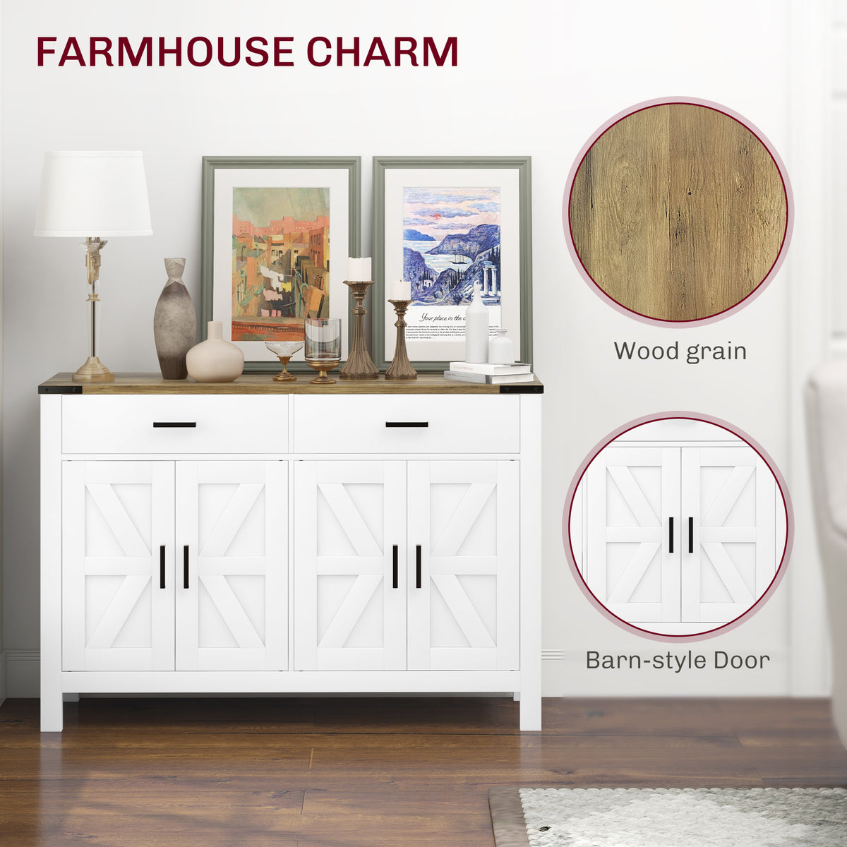 Farmhouse Kitchen Storage Cabinet with 2 Drawers and Shelves – 47"W x 33"H