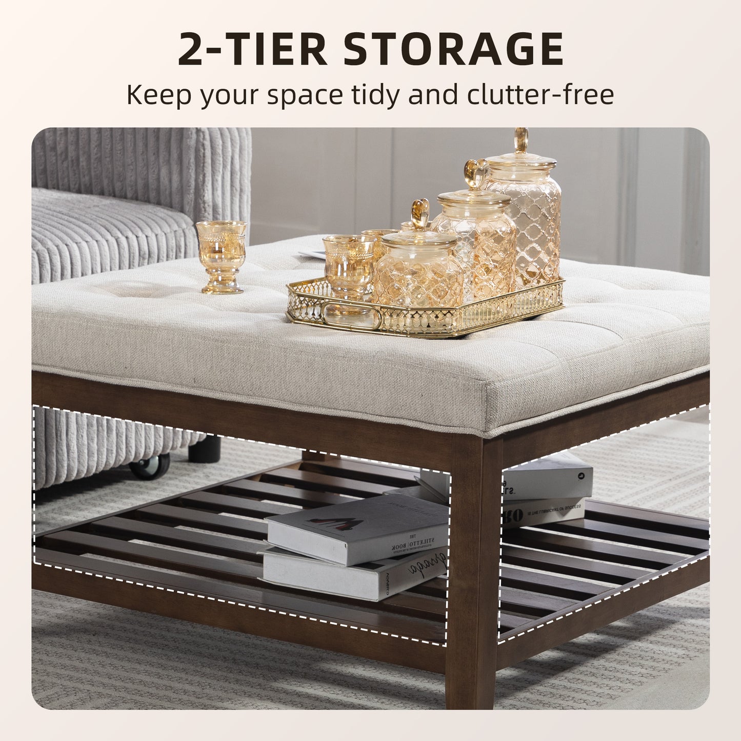 HOMCOM 32-inch Square Ottoman Coffee Table with Storage, Linen Upholstered Beige