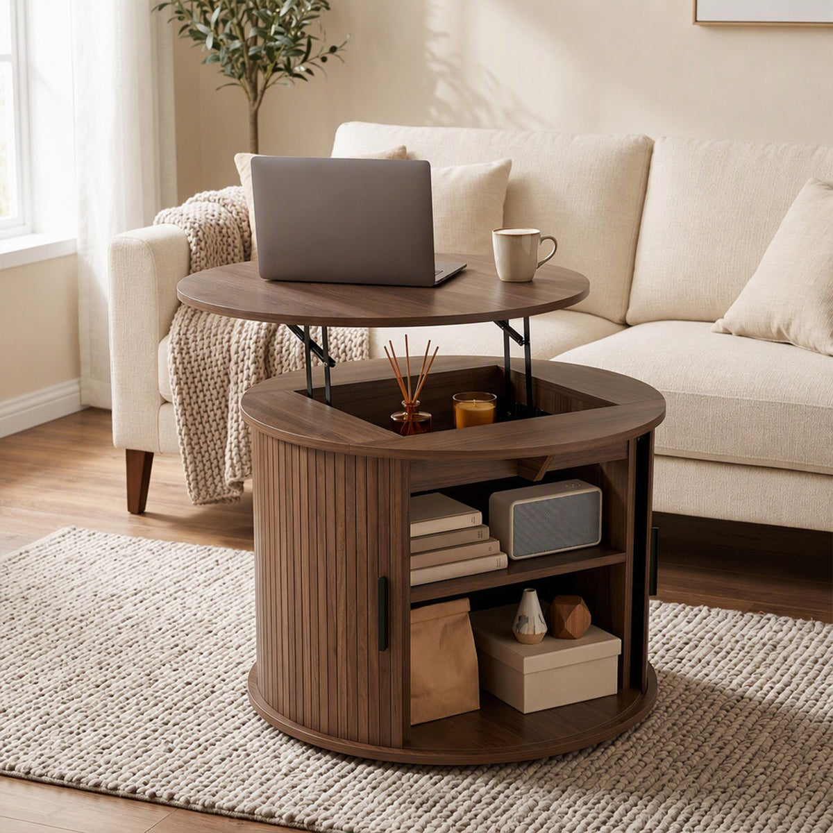 Round Fluted Lift-Top Coffee Table with Tambour Door Storage, Walnut