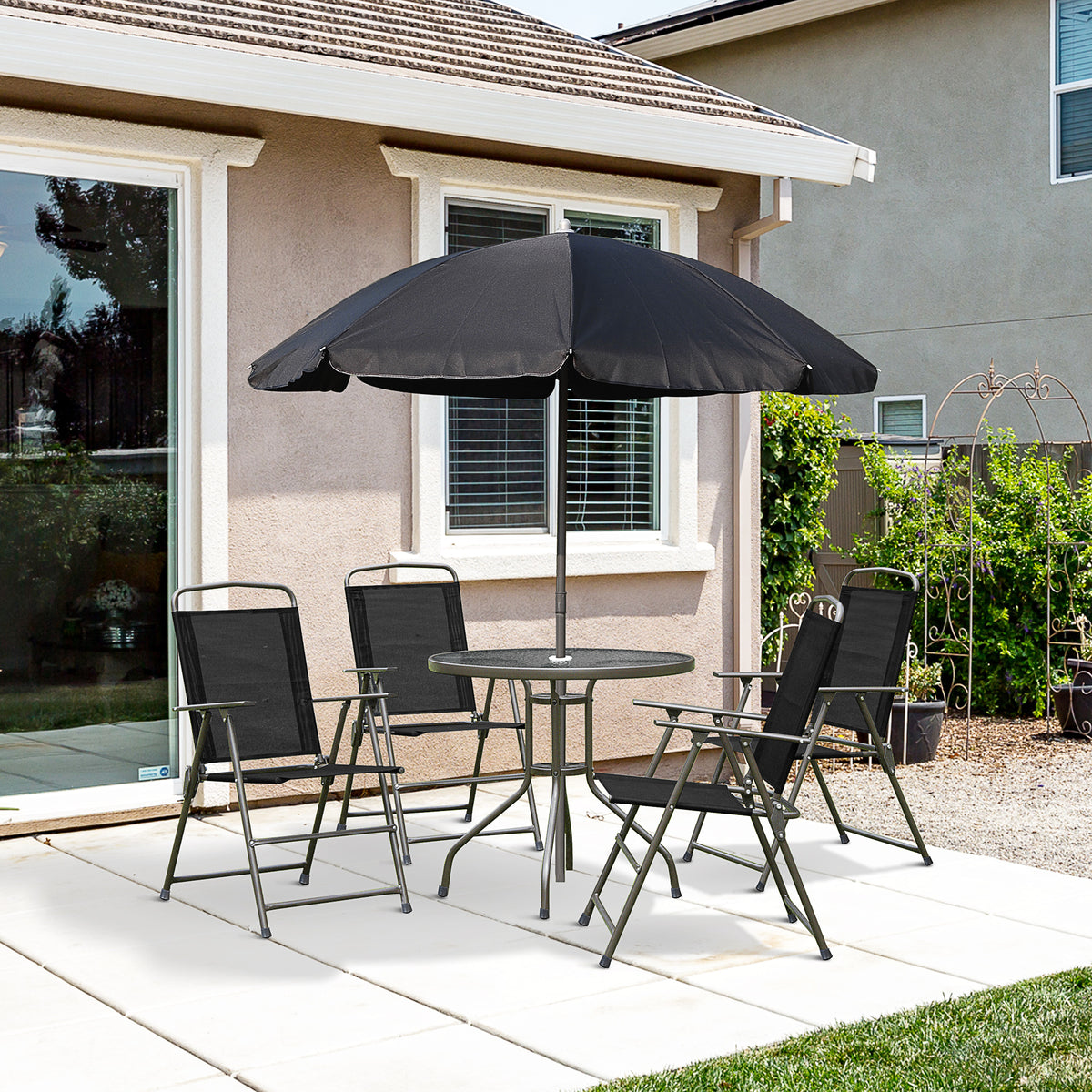 6 Pieces Outdoor Dining Set for 4 with Umbrella Patio Outdoor Furniture Set with Round Table 4 Folding Chairs