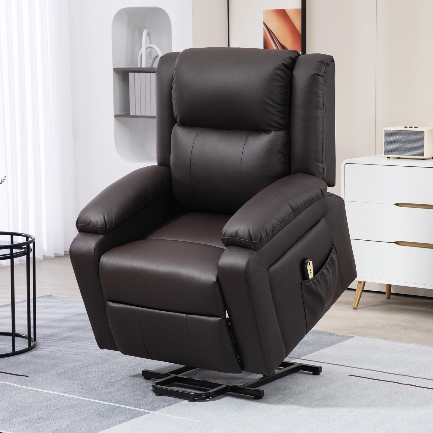 HOMCOM Electric Power Lift Recliner, Brown PU Leather, Remote, Pockets