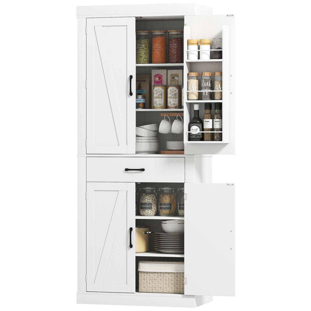 Farmhouse Kitchen Storage Cabinet with 4 Barn Doors – 30"W x 72"H