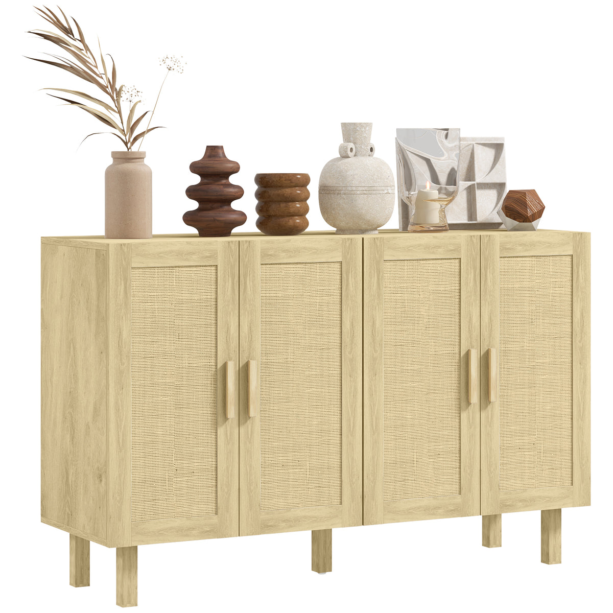 Boho Sideboard Buffet Cabinet with 4 Rattan Doors and Adjustable Shelves – 47"W x 30"H