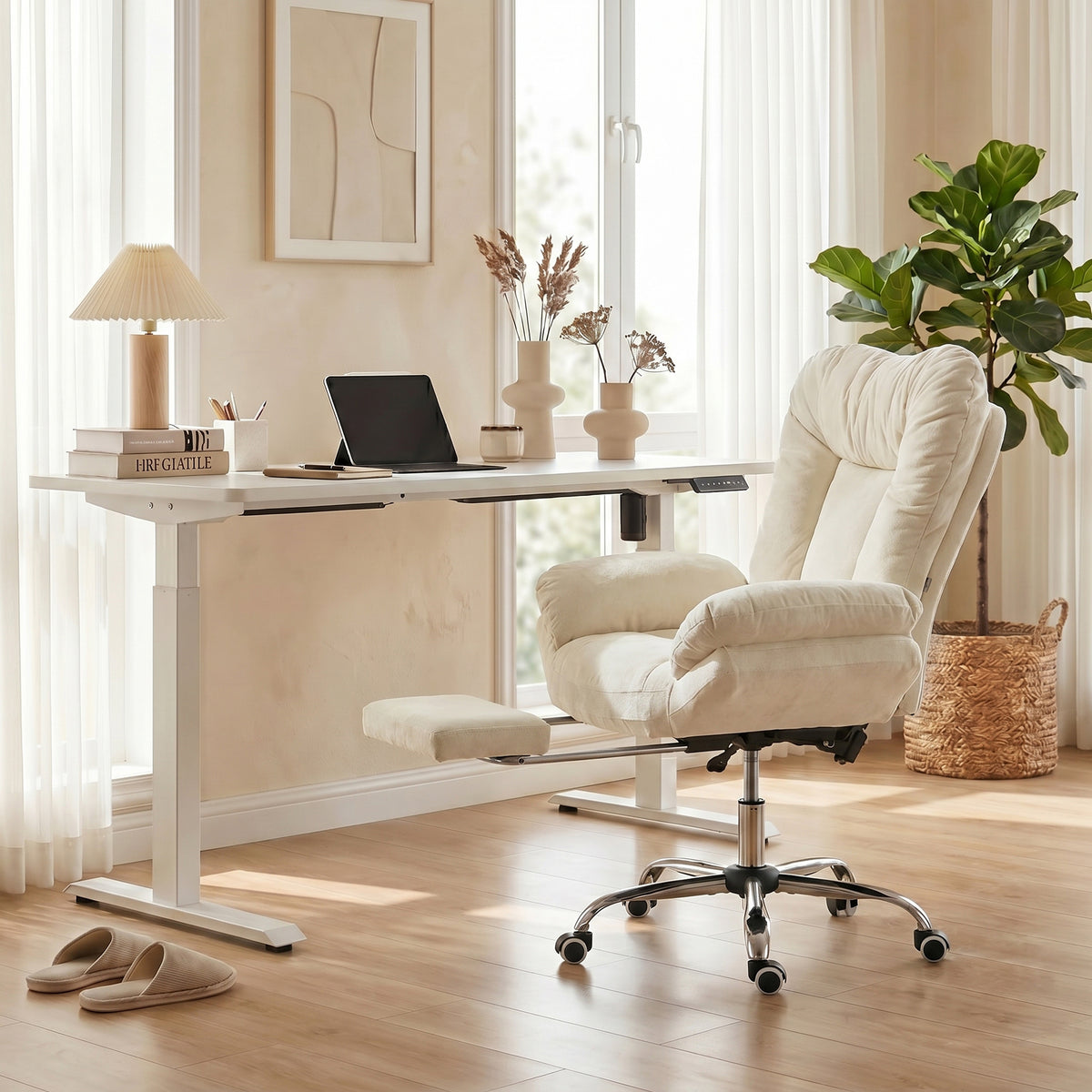 Criss Cross Chair with Wheels, Waterfall Armrests, Beige