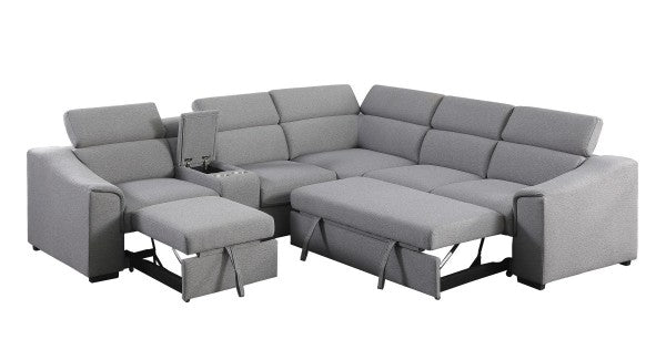 Grey RHF Sectional Sofa Bed, Pull-Out Sleeper, Storage and Cupholders
