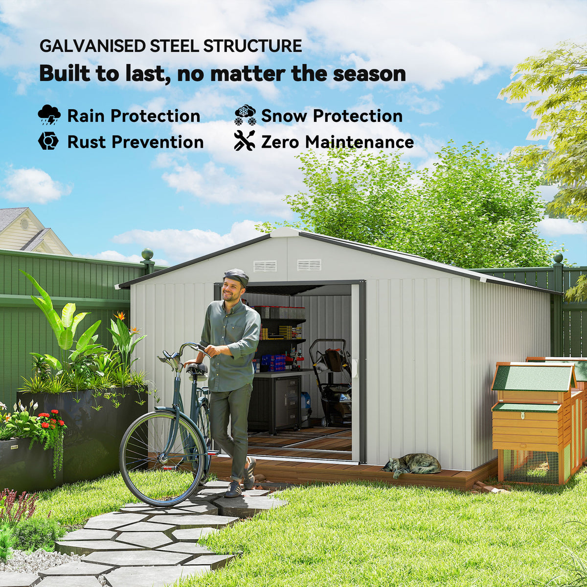 11' x 13'Garden Storage Shed w/ Foundation Kit Metal Tool Storage House w/ Double Doors – White