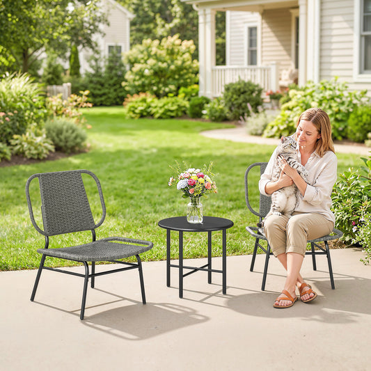 3 Piece Wicker Patio Furniture Set, Outdoor Bistro Set with Steel Table, Rattan Outdoor Conversation Furniture