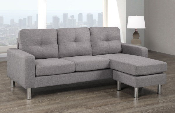 Versatile Light Grey Sectional Sofa with Reversible Chaise, Tufted Cushions, Chrome Legs