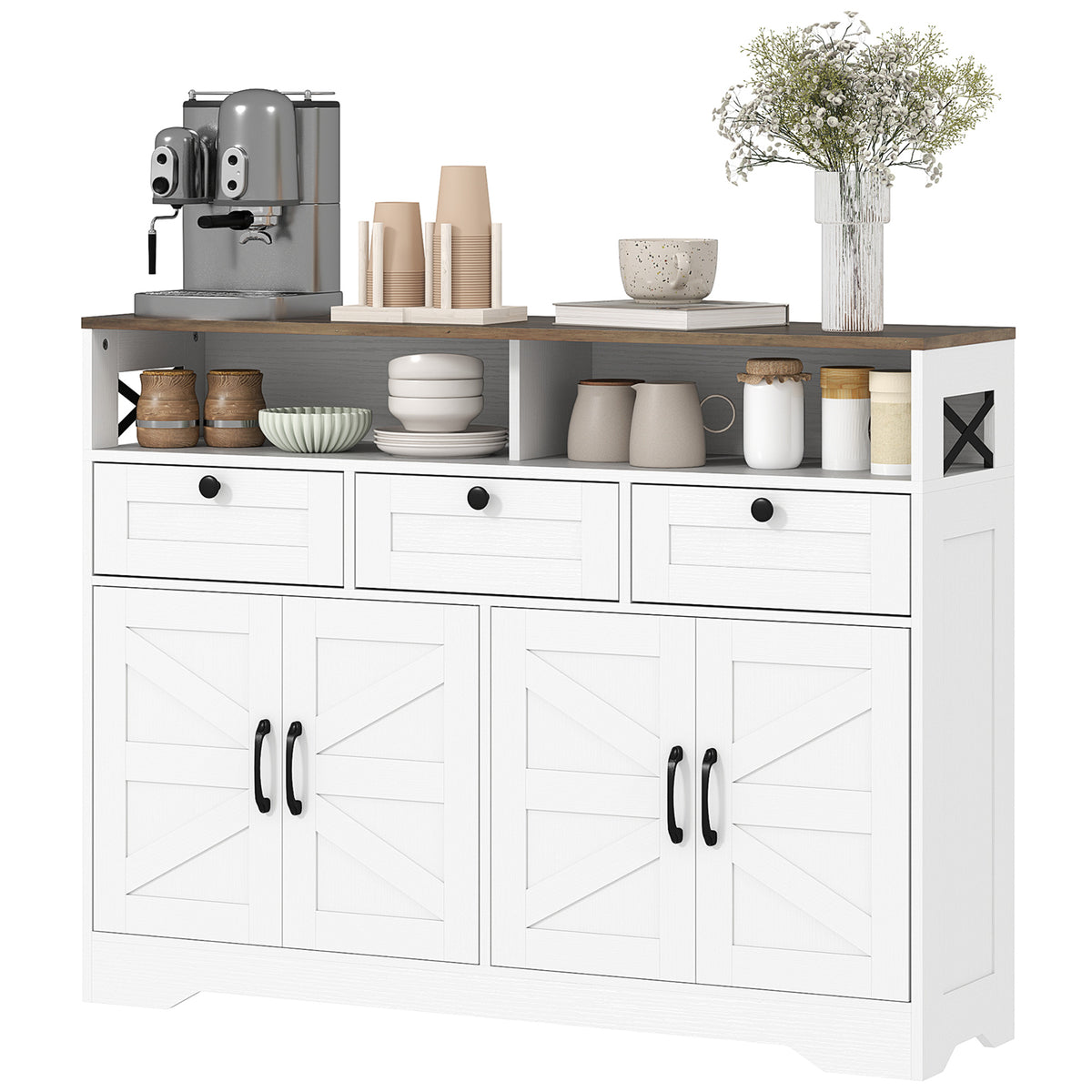 Buffet Cabinet with 4 Barn Doors and 3 Drawers – 47"W x 35"H