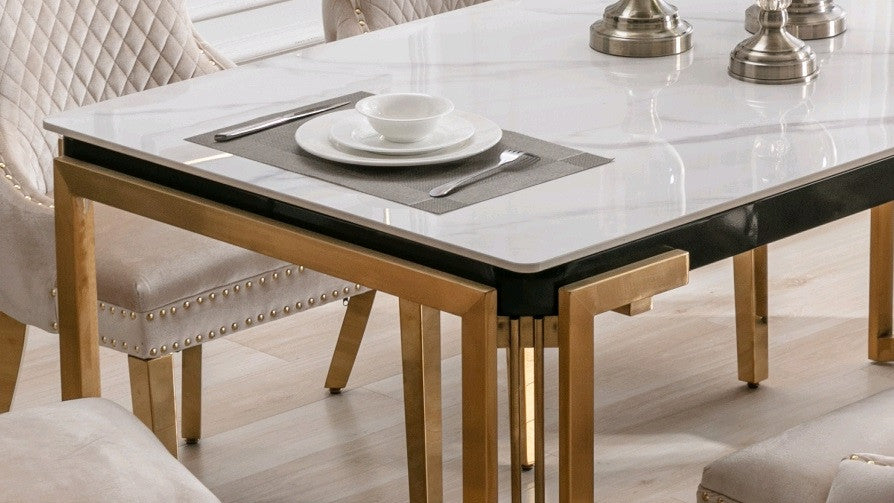 Ceramic Marble Dining Set with Gold Legs & Tufted Velvet Chairs