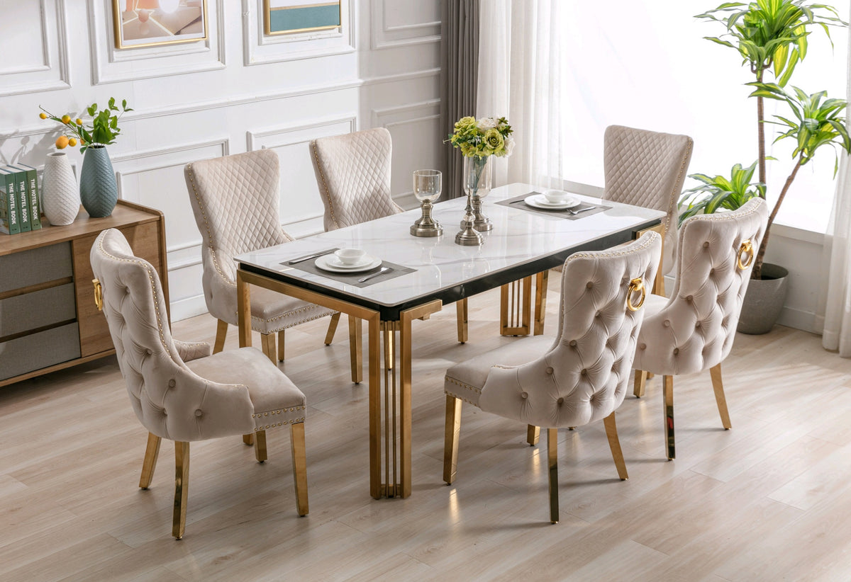 Ceramic Marble Dining Set with Gold Legs & Tufted Velvet Chairs