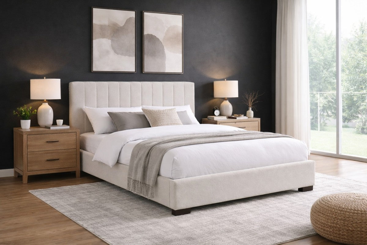 Channel-Tufted Solid Wood Bed Frame – Beige