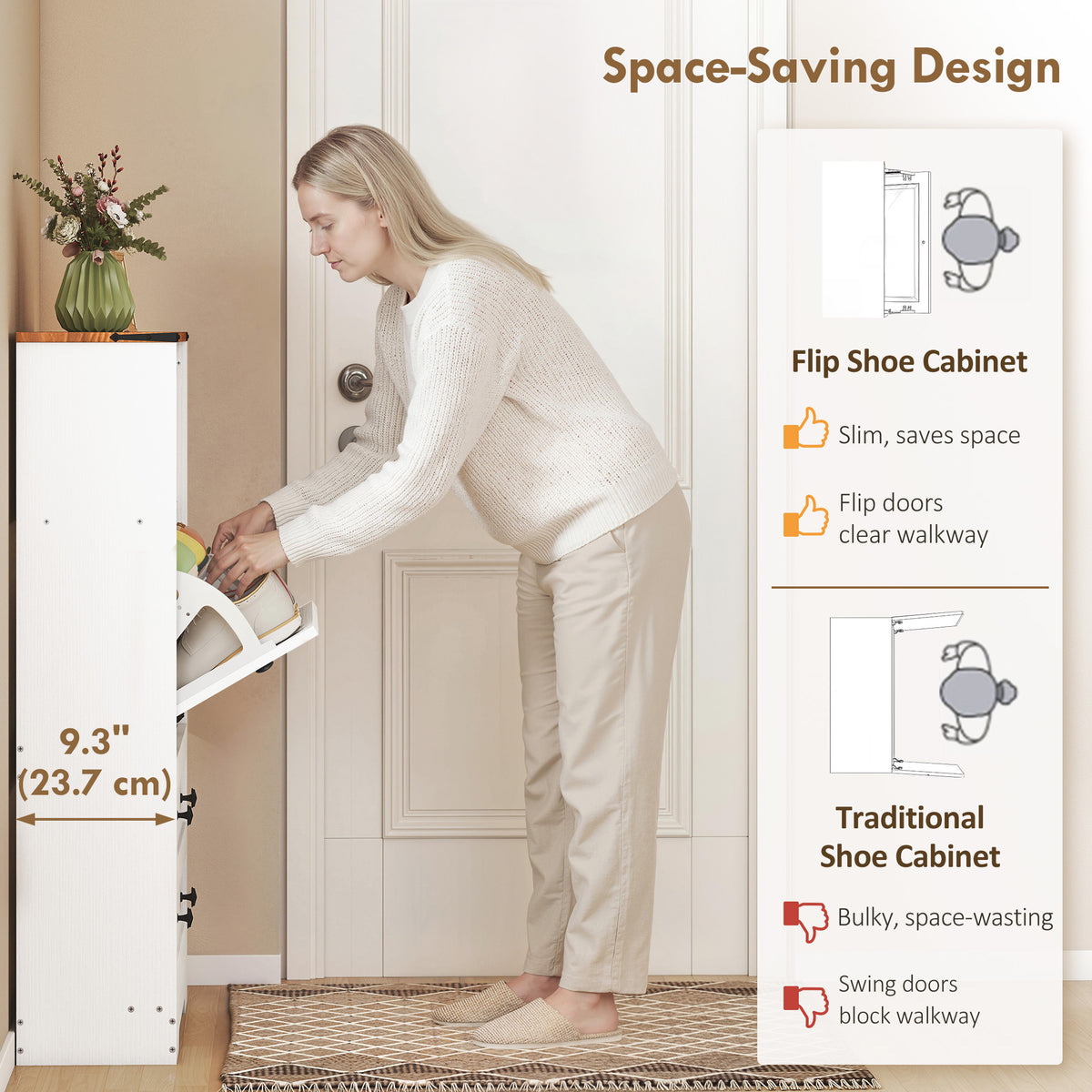 Slim Entryway Shoe Cabinet with 2 Flip Drawers – 31"W x 43"H