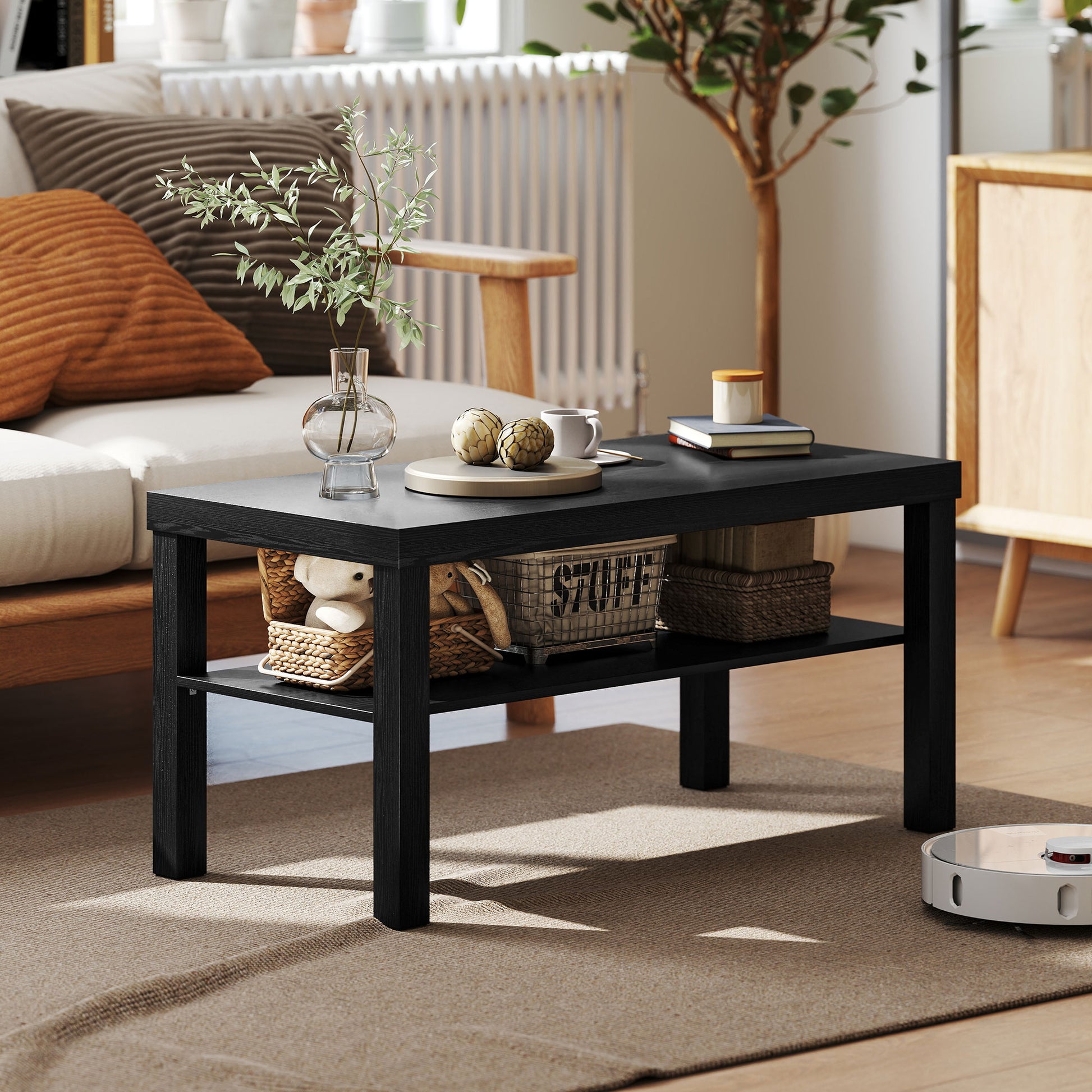 HOMCOM Modern Black 2-Tier Rectangular Coffee Table with Storage Shelf