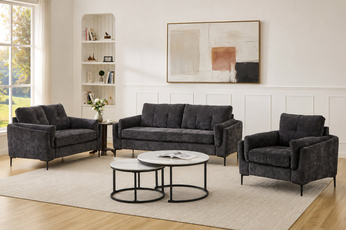 Channel-Tufted Contemporary 3-Piece Sofa Set – Charcoal Grey