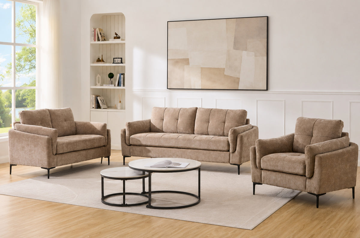 Channel-Tufted Contemporary 3-Piece Sofa Set – Taupe